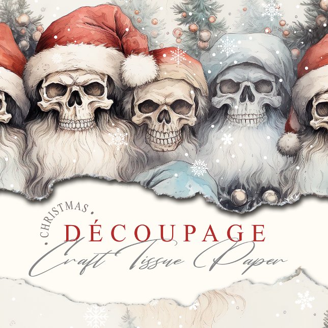 Gothic Watercolor Christmas Red Santa Hats Skulls Tissue Paper (Watercolor Santas give a Gothic Charm to your paper crafts and Decoupage.)