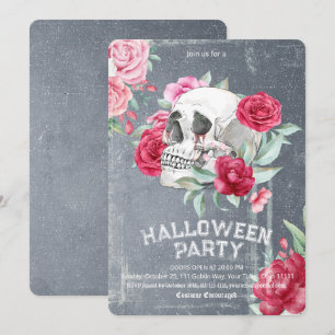 Gothic Watercolor Skull Floral Halloween Party Invitation