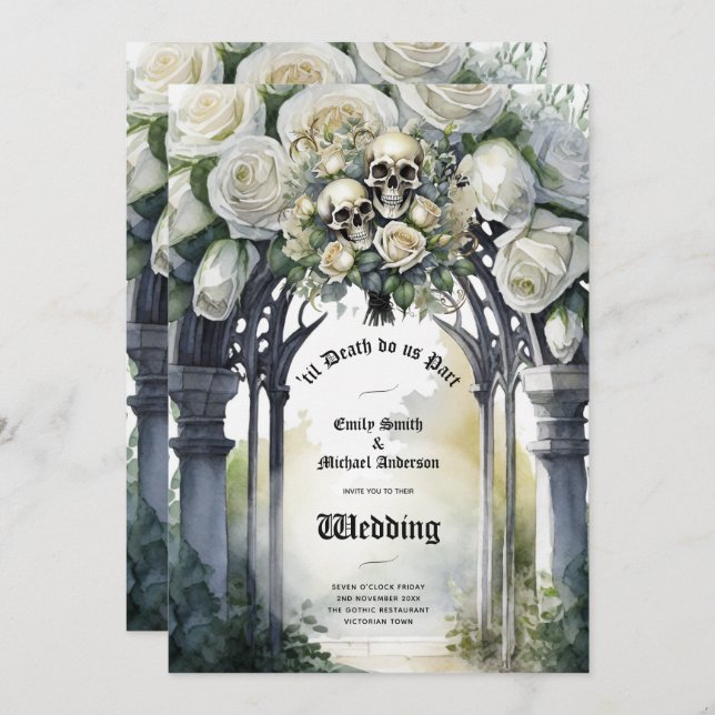 Gothic Wedding Black and White Roses Skulls Floral Invitation (Front/Back)