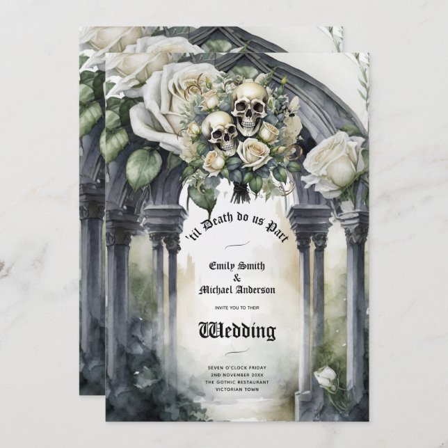 Gothic Wedding Black and White Roses Skulls Floral Invitation (Front/Back)