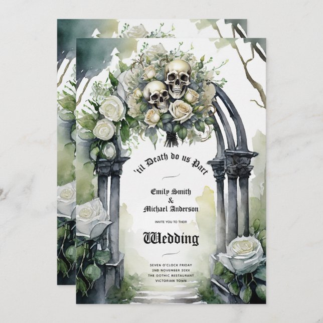 Gothic Wedding Black and White Roses Skulls Floral Invitation (Front/Back)