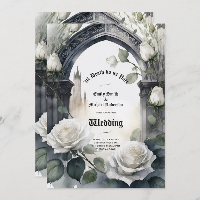 Gothic Wedding Black and White Roses Skulls Floral Invitation (Front/Back)