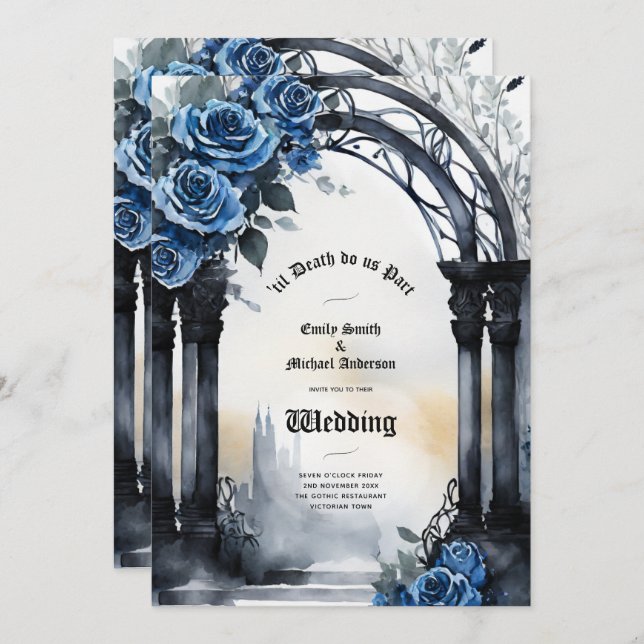 Gothic Wedding Black Blue Roses Arch Alternative Invitation (Front/Back)