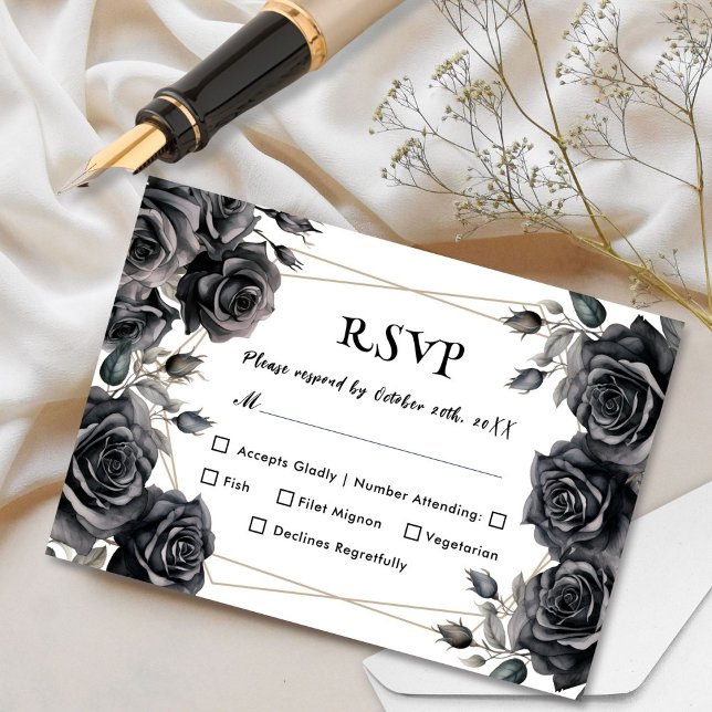Gothic Wedding Black Roses Floral RSVP Cards (Creator Uploaded)