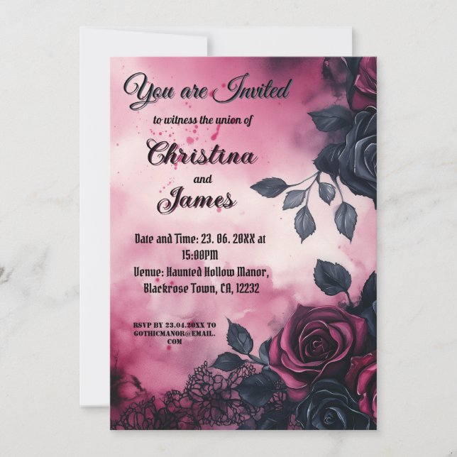 Gothic Wedding Design: Dark Roses & Lace Invitation (Front)