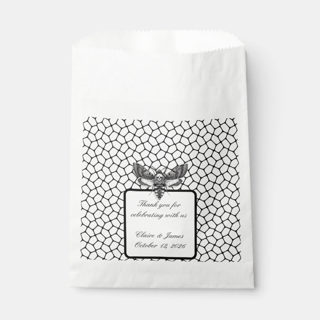 Gothic Wedding Favour Bag Moth & Lace Black & Whit (Front)