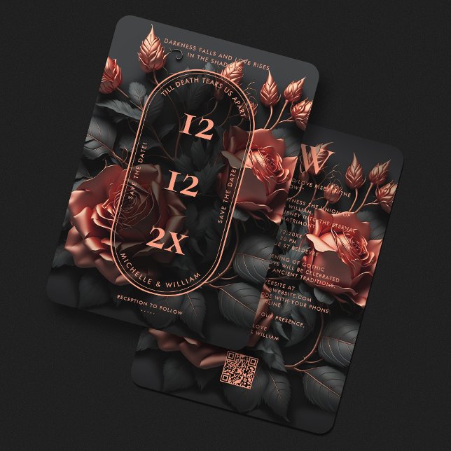 Gothic Wedding Floral Elegant Rosegold QR Save The Date (Gothic Wedding Monogram Floral Elegant Rosegold Save The Date
)