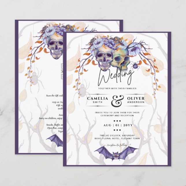 Gothic Wedding Invitation Purple Orange Skulls (Front/Back)