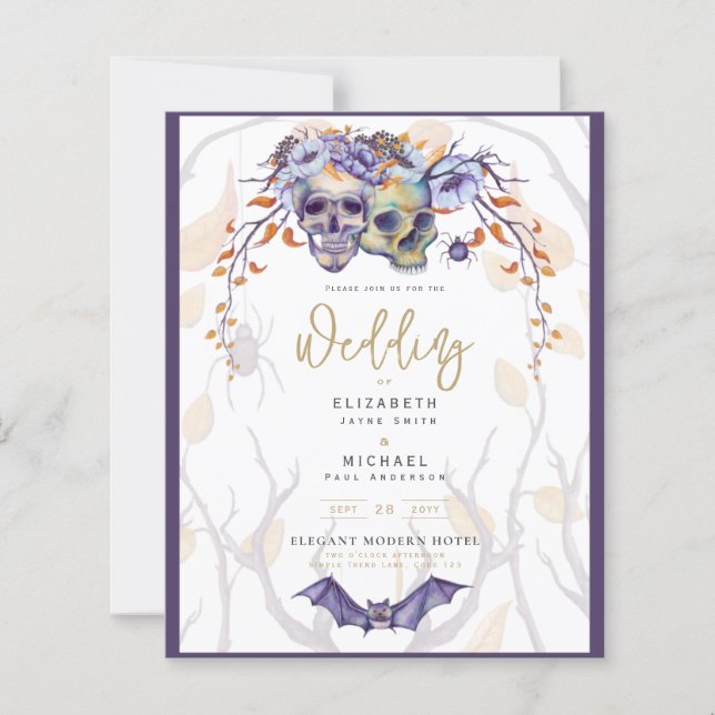 Gothic Wedding Invitation Purple Orange Skulls (Front)