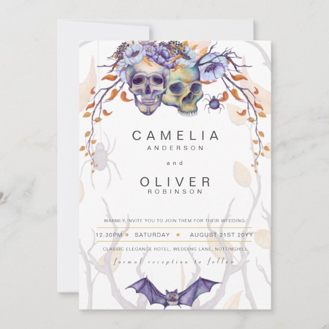 Gothic Wedding Invitation Purple Orange Skulls (Front)