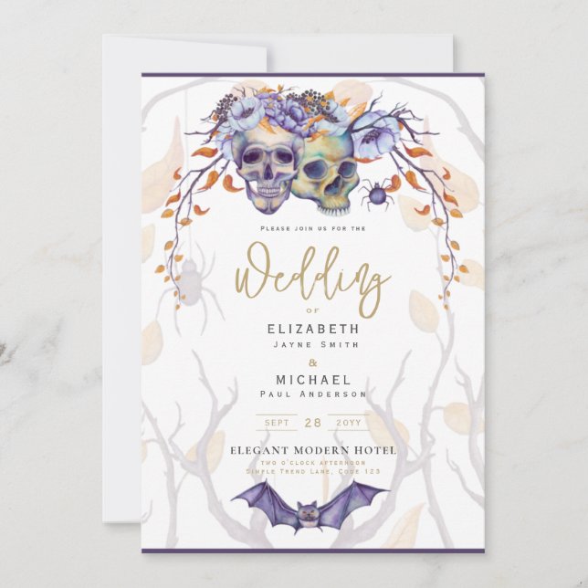 Gothic Wedding Invitation Purple Orange Skulls (Front)