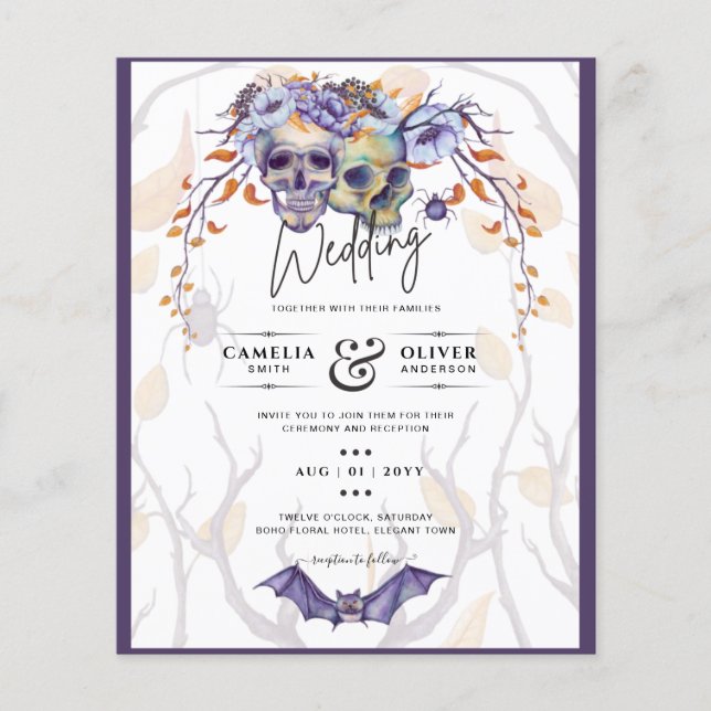 Gothic Wedding Invitation Purple Orange Skulls Flyer (Front)