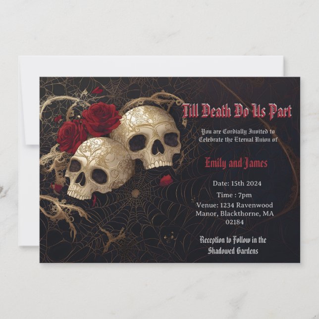 Gothic wedding invite with skulls and roses (Front)