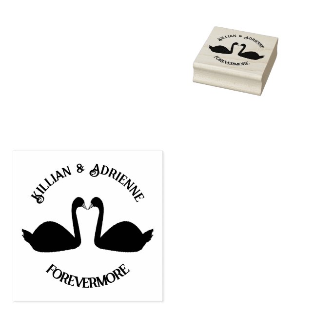 Gothic Wedding Kissing Black Swans Custom Rubber Stamp (Stamped)