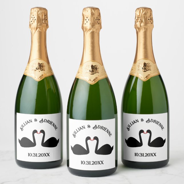 Gothic Wedding Kissing Black Swans Custom Sparkling Wine Label (Bottles)
