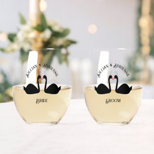 Gothic Wedding Kissing Black Swans Custom Stemless Wine Glass