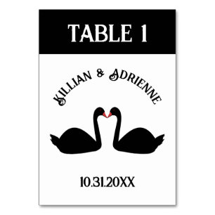 Gothic Wedding Kissing Black Swans Custom Table Number