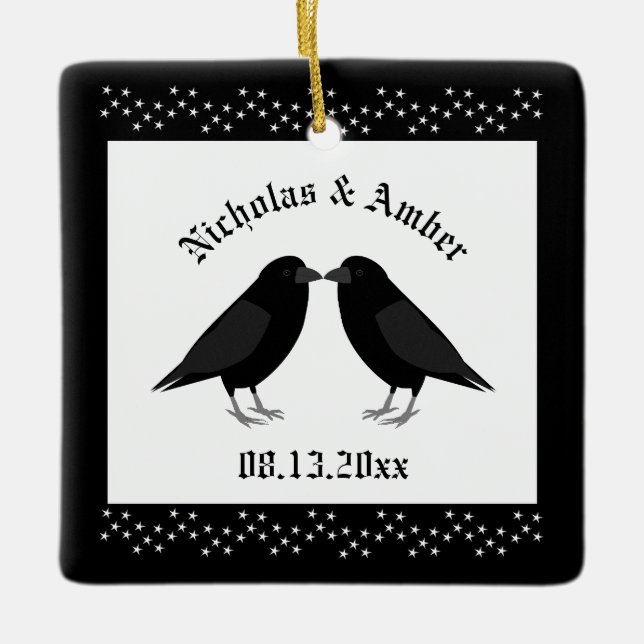 Gothic Wedding Kissing Ravens Custom Ceramic Ornament (Front)