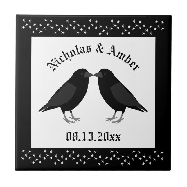 Gothic Wedding Kissing Ravens Custom Ceramic Tile (Front)
