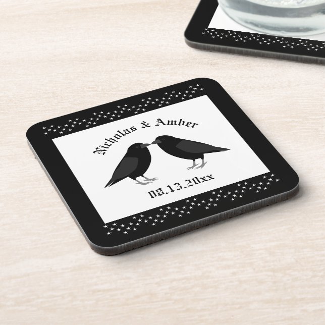 Gothic Wedding Kissing Ravens Custom Coaster (Left Side)