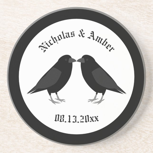 Gothic Wedding Kissing Ravens Custom Coaster (Front)