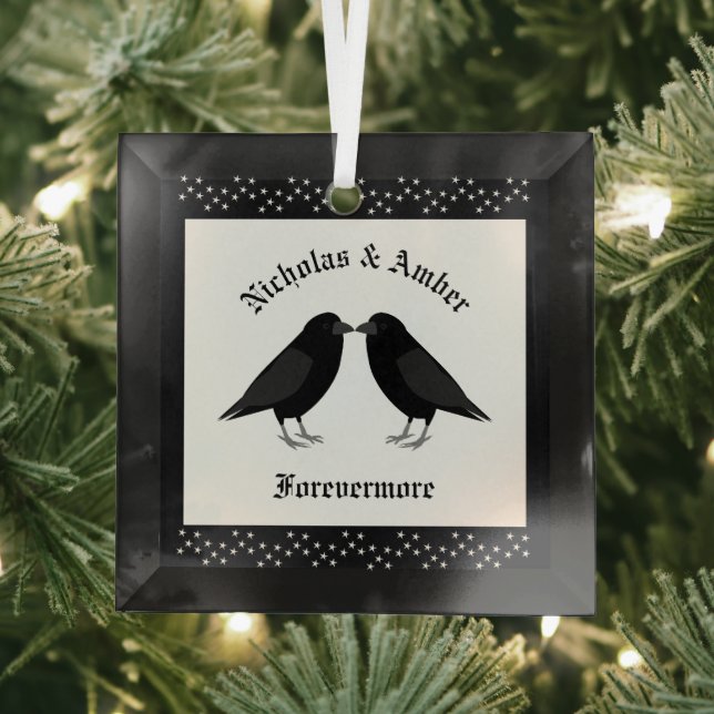Gothic Wedding Kissing Ravens Custom Glass Tree Decoration (Insitu)