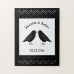 Gothic Wedding Kissing Ravens Custom Jigsaw Puzzle<br><div class="desc">This awesome jigsaw puzzle features a digital art image of a pair of beautiful black ravens facing each other and looking like they are kissing. They are black with beady eyes and grey beaks and feet. There are also white stars on a black background above and below the birds. There...</div>