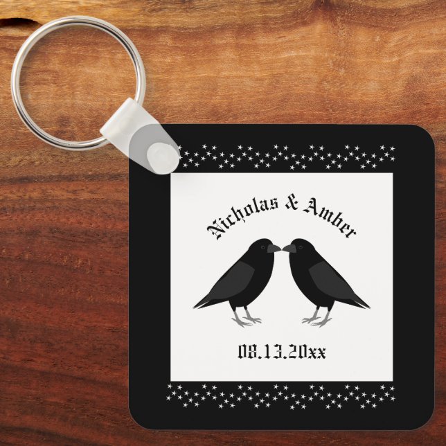 Gothic Wedding Kissing Ravens Custom Key Ring (Front)
