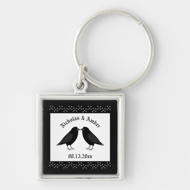 Gothic Wedding Kissing Ravens Custom Key Ring (Front)