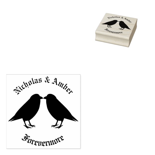 Gothic Wedding Kissing Ravens Custom Rubber Stamp (Stamped)