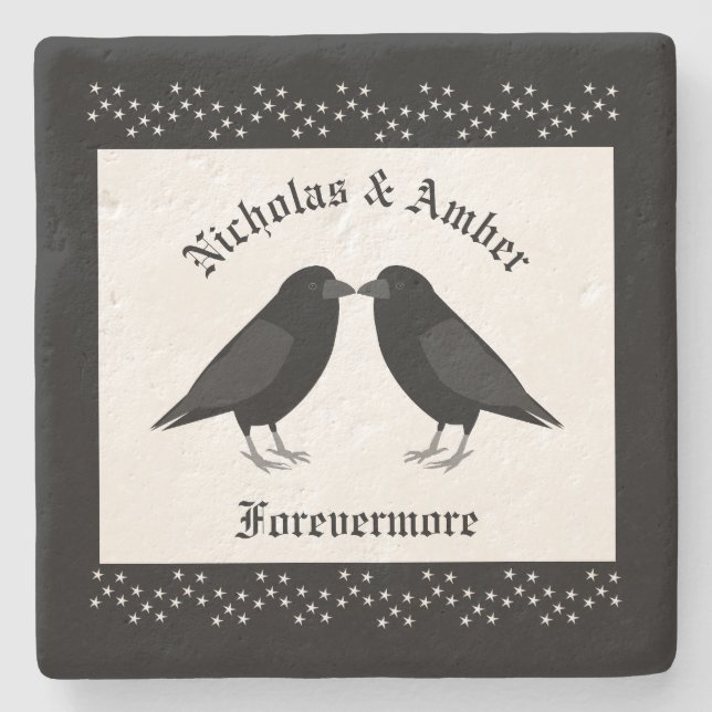 Gothic Wedding Kissing Ravens Custom Stone Coaster (Front)
