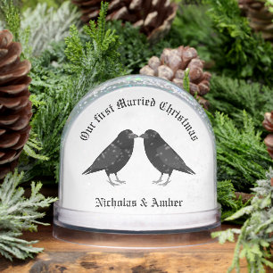 Gothic Wedding Kissing Ravens First Married Xmas Snowglobe
