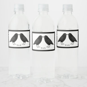 Gothic Wedding Kissing Ravens Monogrammed Water Bottle Label
