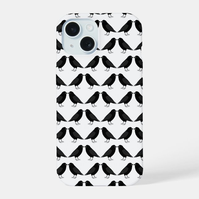Gothic Wedding Kissing Ravens Patterned iPhone 15 Case (Back)