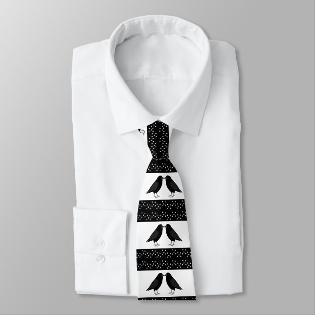 Gothic Wedding Kissing Ravens Patterned Tie (Tied)