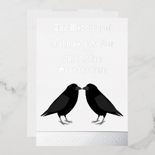 Gothic Wedding Kissing Ravens Save the Date Foil Holiday Card