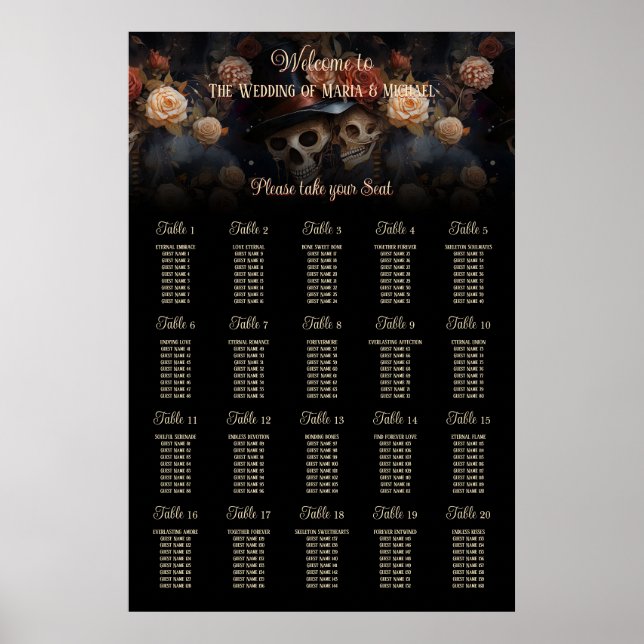 Gothic Wedding Kissing Skulls Table Seating Chart (Front)