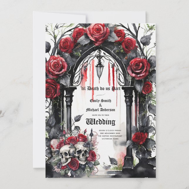 Gothic Wedding Red Black Roses Skulls Arch Invitation (Front)