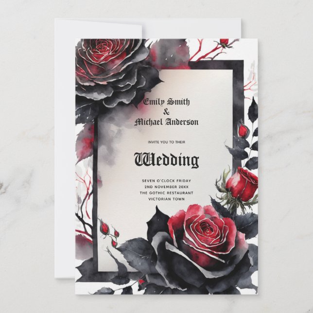 Gothic Wedding Red Black Roses Skulls Arch Invitation (Front)