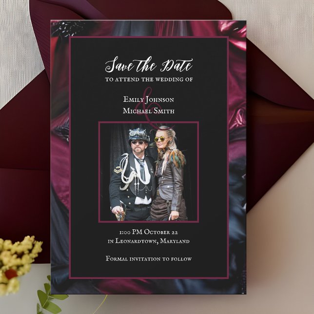 Gothic Wedding Save the Date Halloween Black Red Invitation (Gothic wedding Save the Date Halloween themed announcement)