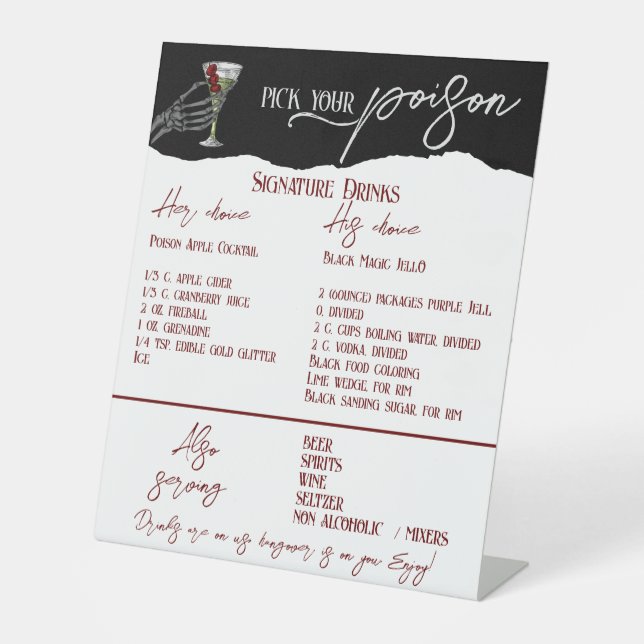 Gothic Wedding Signature Drinks Free Bar Sign  (Front)