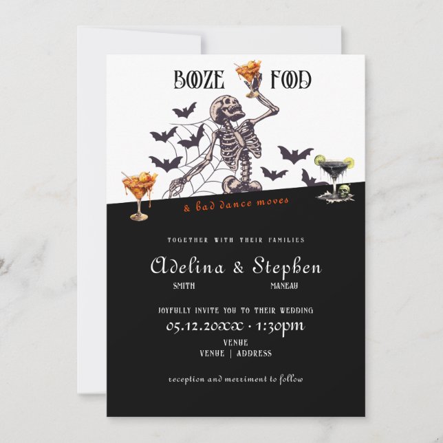 Gothic Wedding Skeleton Booze Food Bad Dance Moves Invitation (Front)