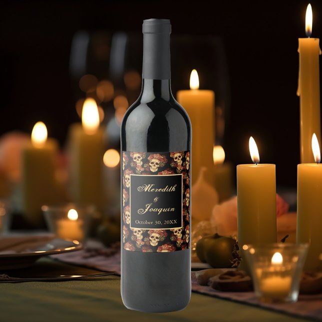 Gothic Wedding Skulls Black Red Rose Custom Wine Label (Creator Uploaded)