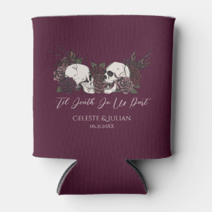 Gothic Wedding Skulls & Roses Burgundy Can Cooler