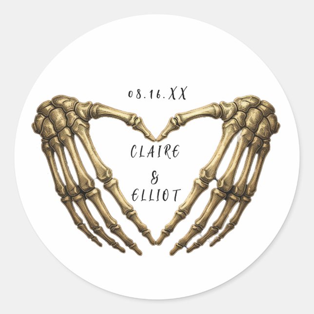 Gothic Wedding Sticker Skeleton Hands Heart Gold  (Front)