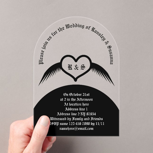 Gothic Wedding Winged Heart Custom Monogrammed Acrylic Invitations (Insitu (Handheld))