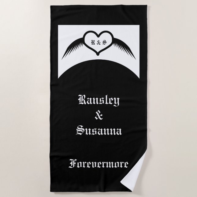 Gothic Wedding Winged Heart Custom Monogrammed Beach Towel (Front)