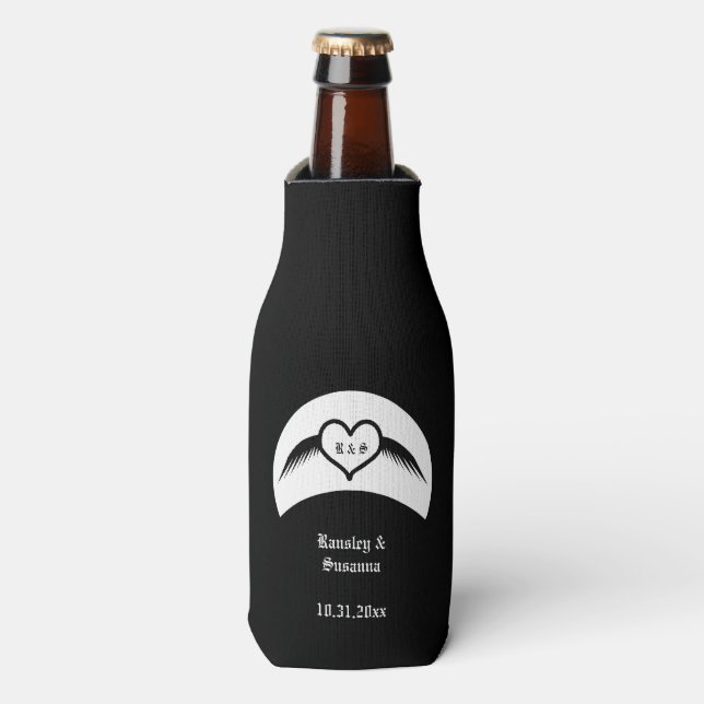 Gothic Wedding Winged Heart Custom Monogrammed Bottle Cooler (Bottle Front)