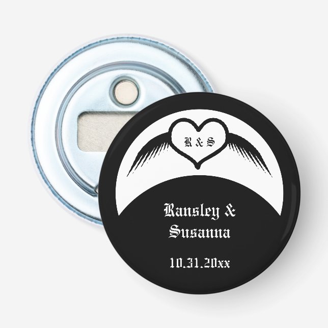 Gothic Wedding Winged Heart Custom Monogrammed Bottle Opener (Front)