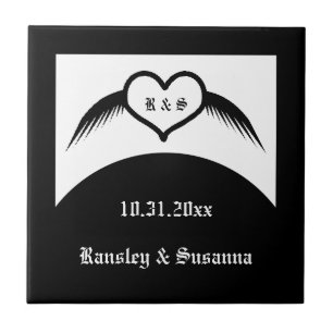 Gothic Wedding Winged Heart Custom Monogrammed Ceramic Tile